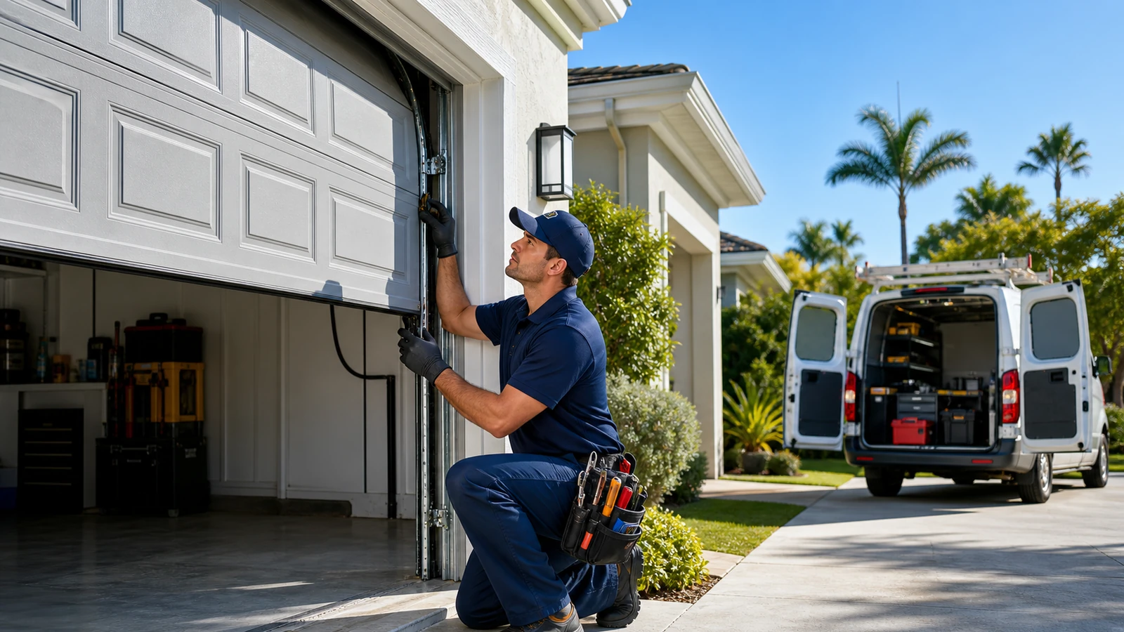 Emergency garage door repair technician at a stuck residential garage door